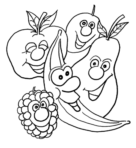 Cartoon Banana, Pear, Apple, Berry And Cherry Coloring Page